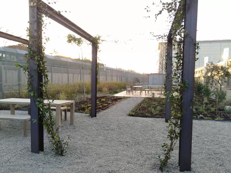 Pergolato realizzato con elementi grezzi stile industrial presso centro meteo Bologna in collaborazione con Flo' fiori