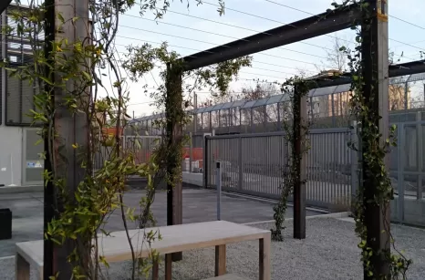 Pergolato realizzato con elementi grezzi stile industrial